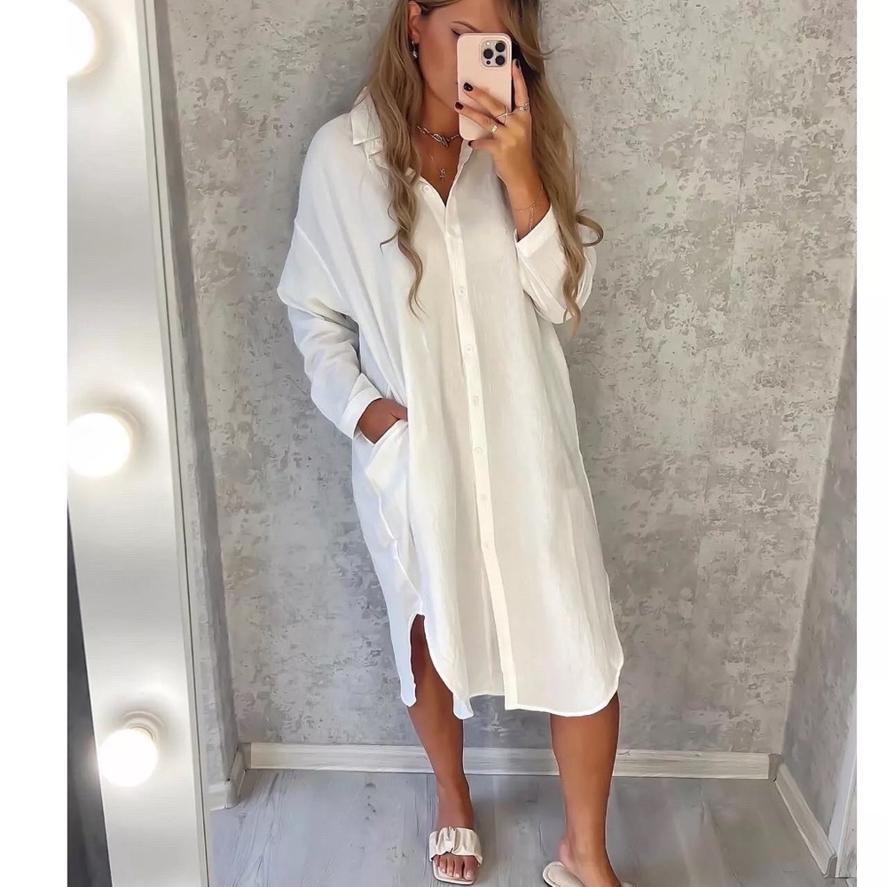 Shirt dress long women’s button collar top pockets white black - Picture 6 of 16